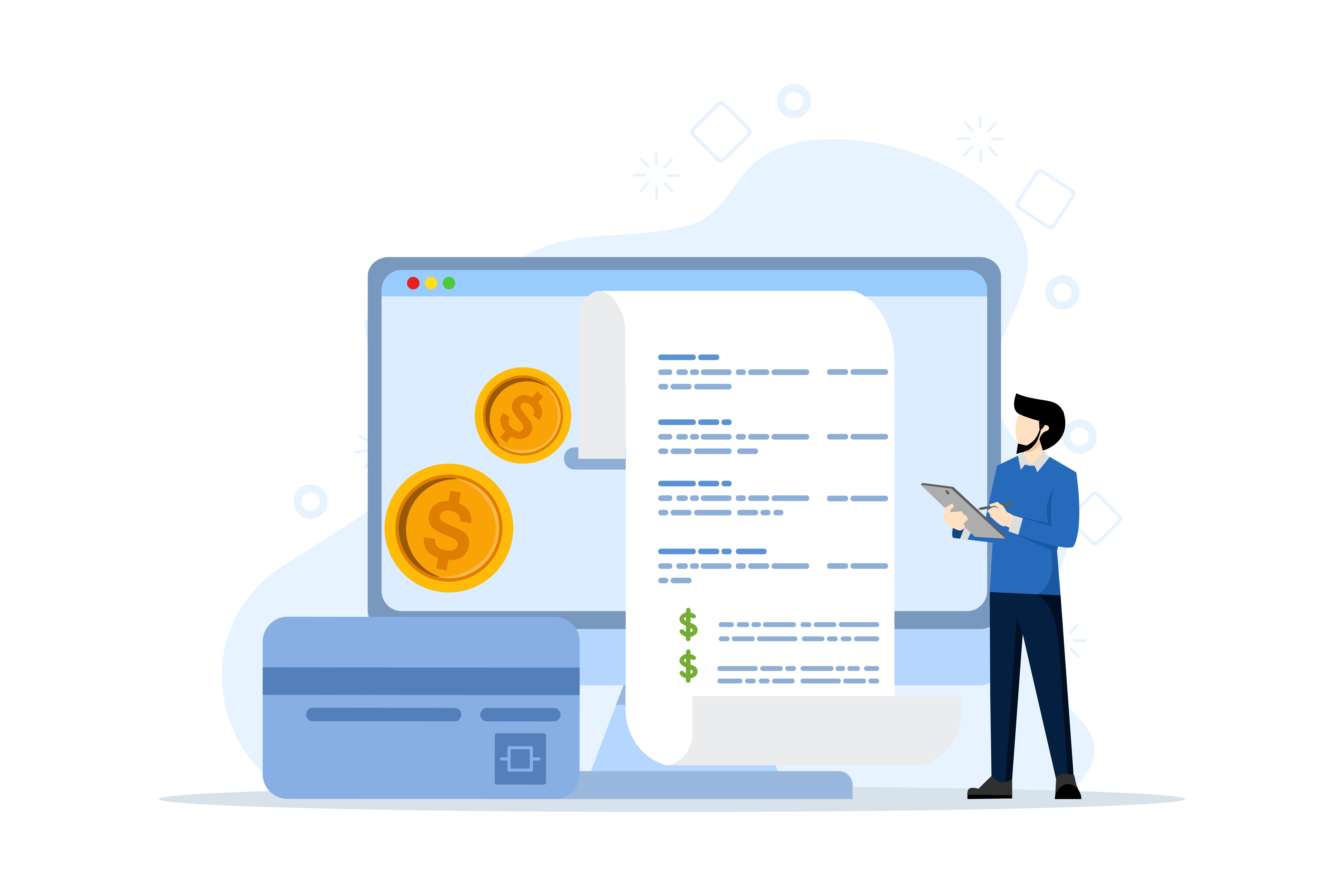 Illustration connecting online payment, invoicing, and accounting records.